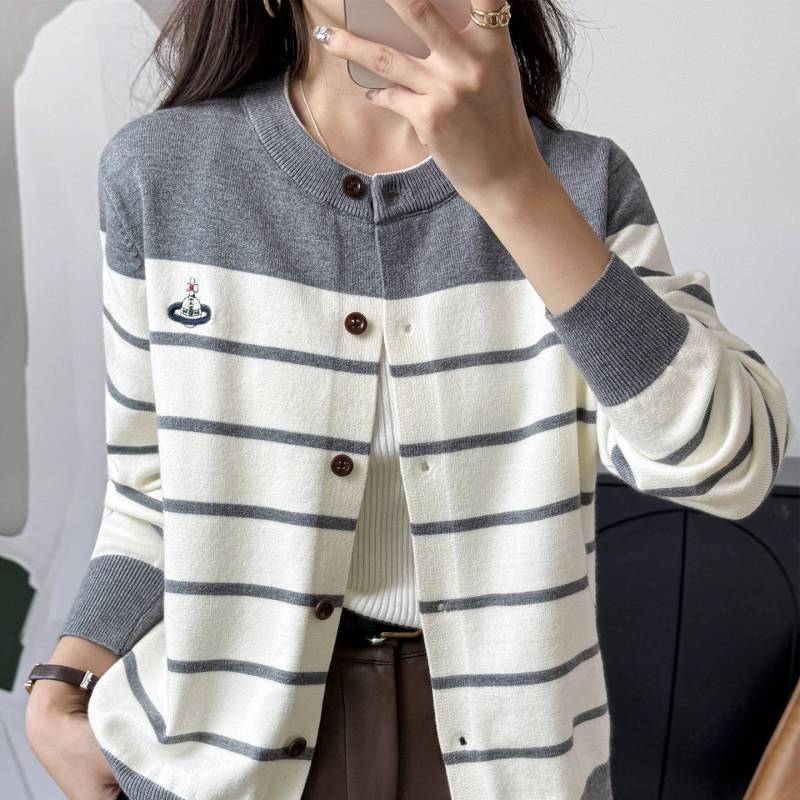 Retro Farbblock-Gestreifter Rundhals Strickcardigan Damen Kurzmantel Pullover Frühling und Herbst Neues Design Nische Top 2XL licht grau von Joom DACH