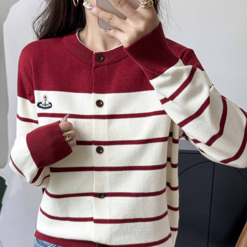 Retro Farbblock-Gestreifter Rundhals Strickcardigan Damen Kurzmantel Pullover Frühling und Herbst Neues Design Nische Top M rot von Joom DACH