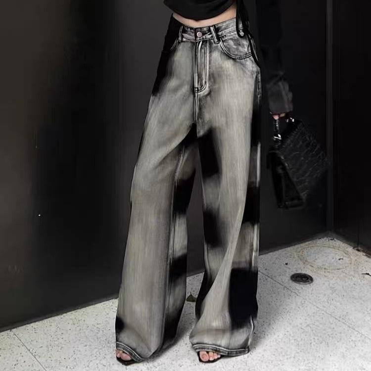 Retro Farbverlauf Batik Straight Jeans für Damen Im Herbst- und Winterdesign Nische Drapierte Lässige Weitbeinige Hose 4XL von Joom DACH