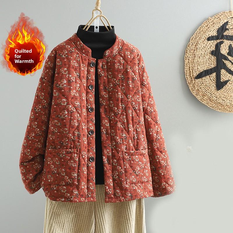Retro Floral Thiened Baumwolljacke Stehkragen Warm Vielseitig Wintermantel für Damen Große Größe Pendeln Sle Print Ket XXL rot von Joom DACH