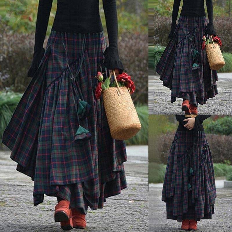Retro Folk Stil Frauen Mode Plaid Maxi Rock Splice Unregelmäßigen Swing Plissee Hohe Taille Langen Rock XXXXXL grün von Joom DACH