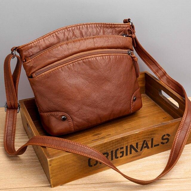 Retro Frauen Tasche Doppel-reißverschluss Weiche Leder Dame Schulter Messenger Taschen Designer Damen Umhängetaschen Handtaschen braun von Joom DACH