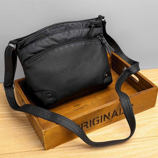 Retro Frauen Tasche Doppel-reißverschluss Weiche Leder Dame Schulter Messenger Taschen Designer Damen Umhängetaschen Handtaschen schwarz von Joom DACH