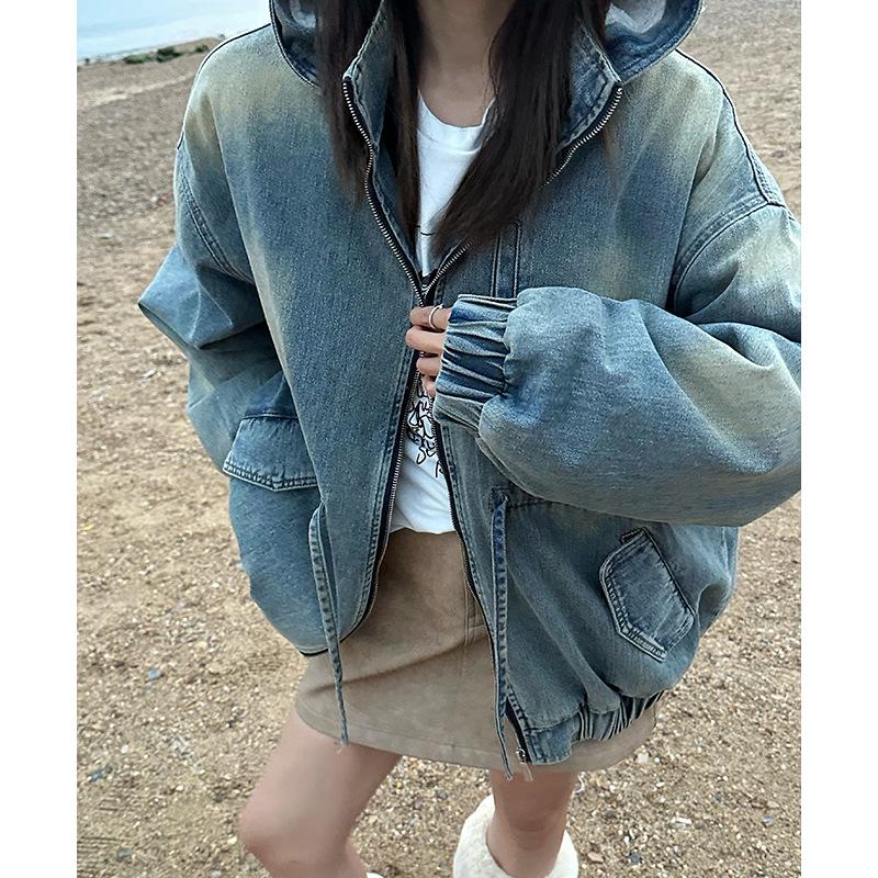 Retro Gewaschene Kapuzen-Denimjacke für Damen Herbst und Winter Blau M blau von Joom DACH