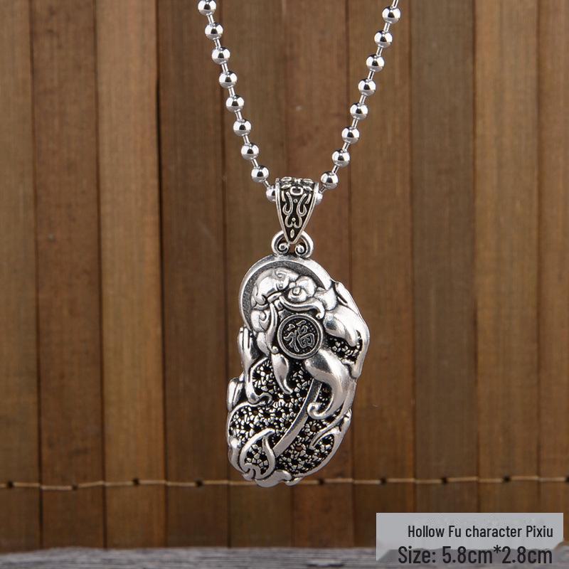 Retro-Halskette mit silbernem Friedensschloss-Anhänger – vierseitige, reiche Damen-Pulloverkette im nationalen Stil Hollow Fu character Pixiu von Joom DACH