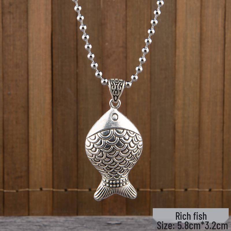 Retro-Halskette mit silbernem Friedensschloss-Anhänger – vierseitige, reiche Damen-Pulloverkette im nationalen Stil Rich fish von Joom DACH