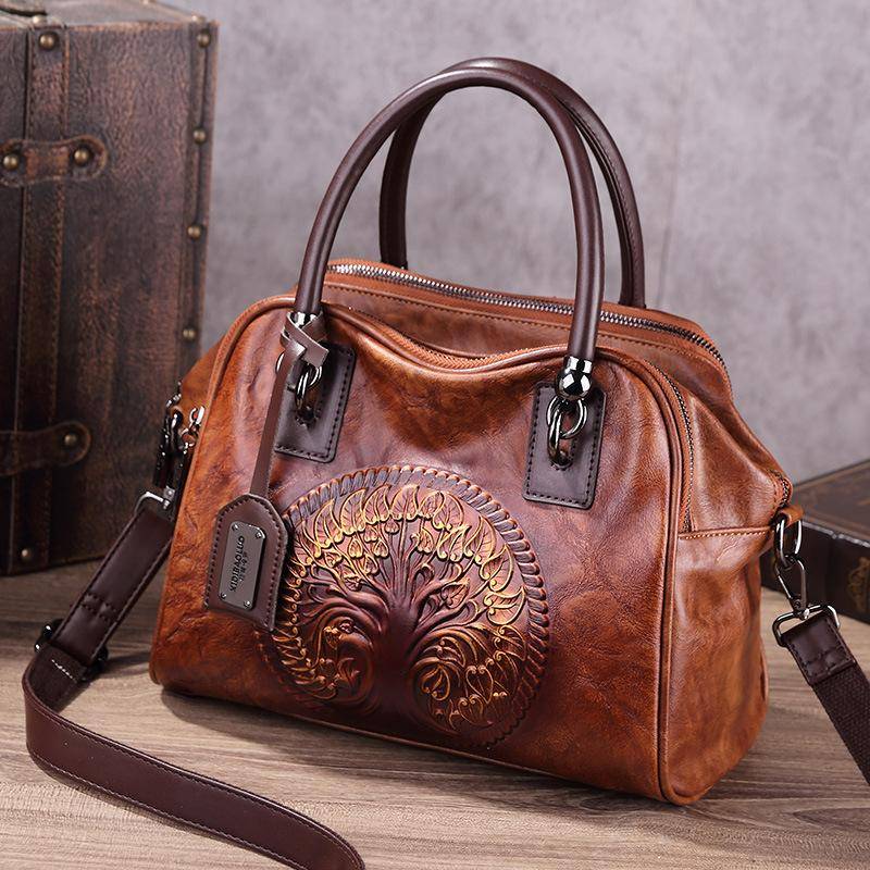 Retro Handgemachte Damenhandtasche Für Damen Leder Schultertaschen Bohemian Style Weiche Boston Luxus Handtaschen dunkelbraune von Joom DACH