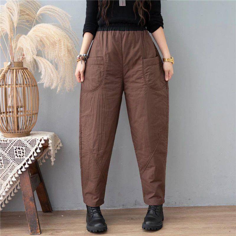 Retro-Haremshose aus Baumwolle mit Farbblockierung für Damen im Winter, einfache und dicke Baumwoll-Freizeithose 2XL kaffeebraun von Joom DACH