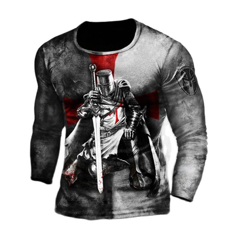 Retro Herren 3D Tempelritter Langarm T-Shirt Street Hip Hop Lose Rundhals T-Shirts Bluse Plus Size Pullover Tops Tees XXL von Joom DACH