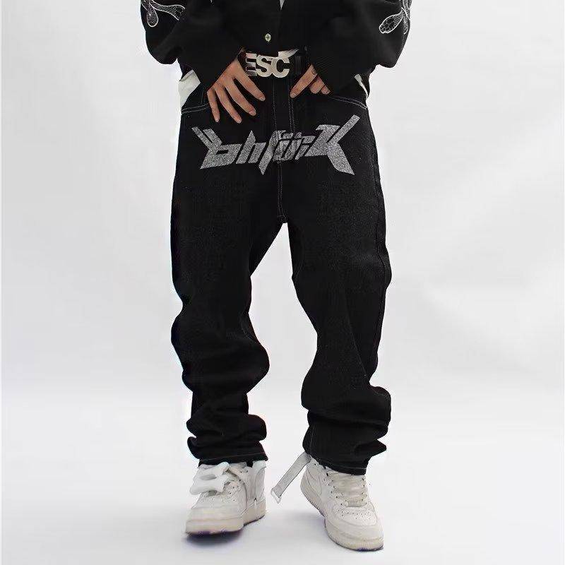 Retro Hip-Hop Bedruckte Jeans Herren Street Locker Gerade Weitbeinige Hose XXXL schwarz von Joom DACH