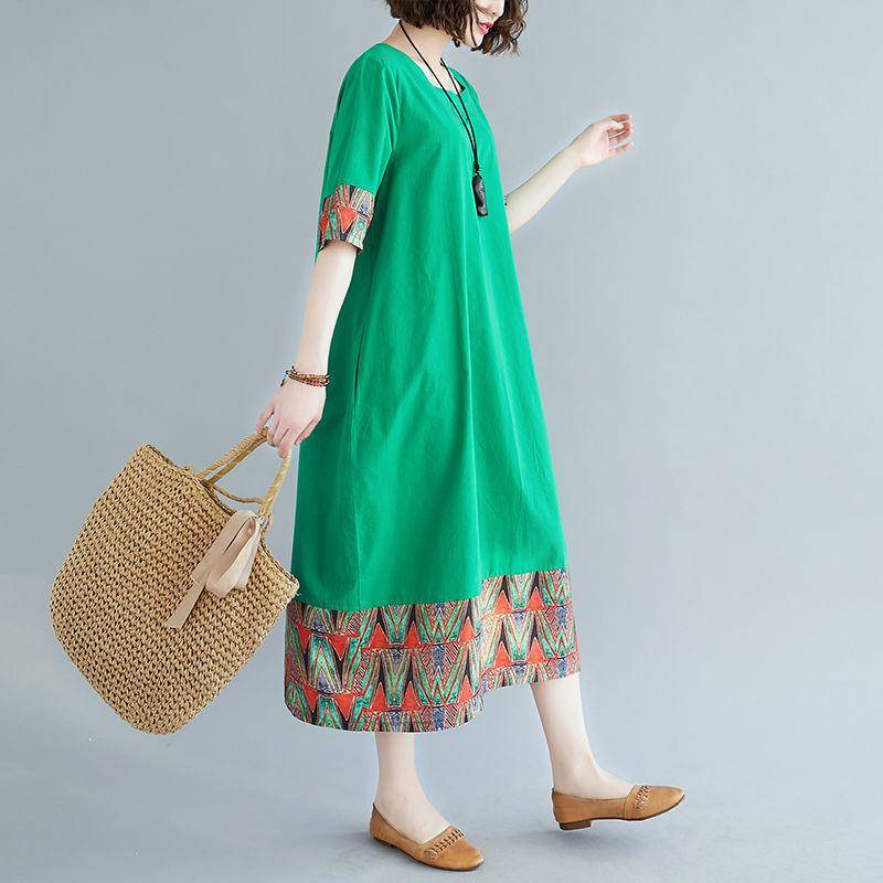 Retro Hit Color Stitching Print Kurzarmkleid Große Größe Lockerer, altersreduzierender mittellanger Rock Damen Rundhals Große Größe Kleid L von Joom DACH