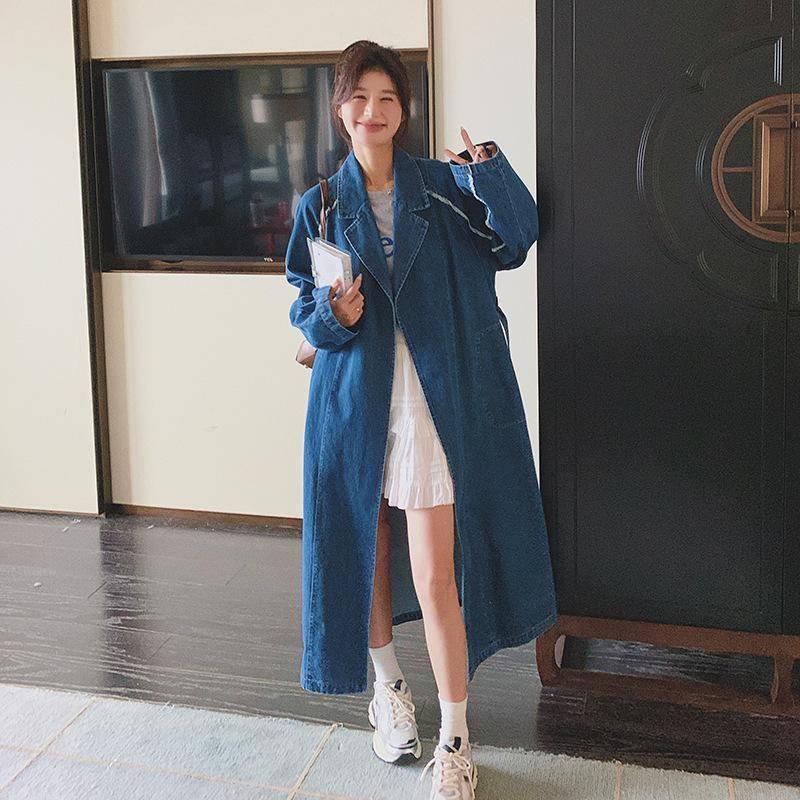 Retro-Jeans-Windbreakerjacke mit Schnürung für Damen, langer Frühlingsstil, schmaler, lässiger und beliebter Mantel XL blau von Joom DACH