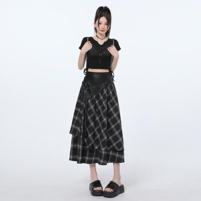 Retro Kariert Leder Unregelmäßiger High-Waist Rock für Damen Frühling Midirock für Damen Frühling Lederrock für Damen Frühling M von Joom DACH