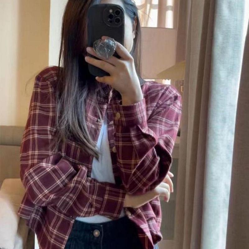 Retro Karomusterhemd Damen Kurzmantel Herbst Neu Langärmeliges Oberteil S bordeaux von Joom DACH