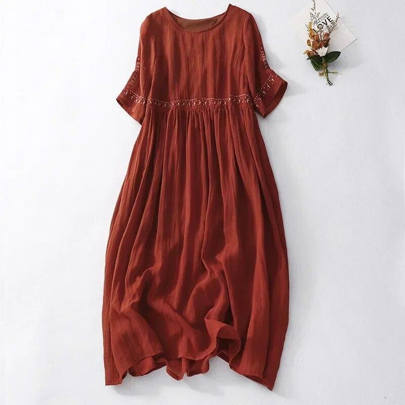 Retro-Kleid aus Baumwollleinen für Damen, neues Sommerkleid, lockere, atmungsaktive Stickereikleider für Damen, Rundhalsausschnitt, lässiges Kleid XXXXL rot von Joom DACH