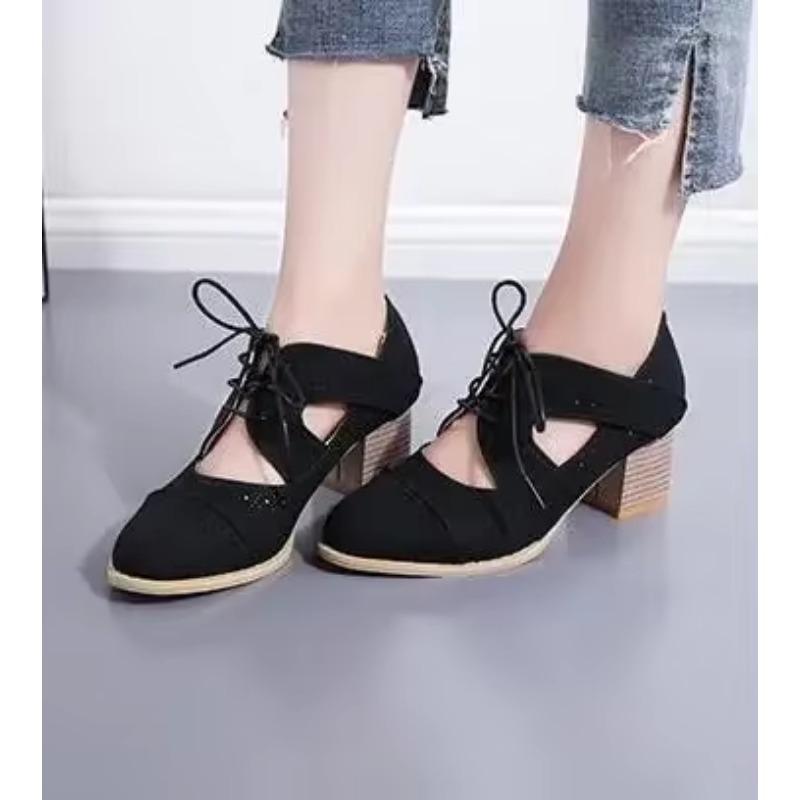 Retro Kreuz gebunden Hohl Atmungsaktiv Dicken High Heel Sandalen Roman Flock Flach Kurze Holz Ferse Oxford Schuhe Frau Sandalen 35 schwarz von Joom DACH