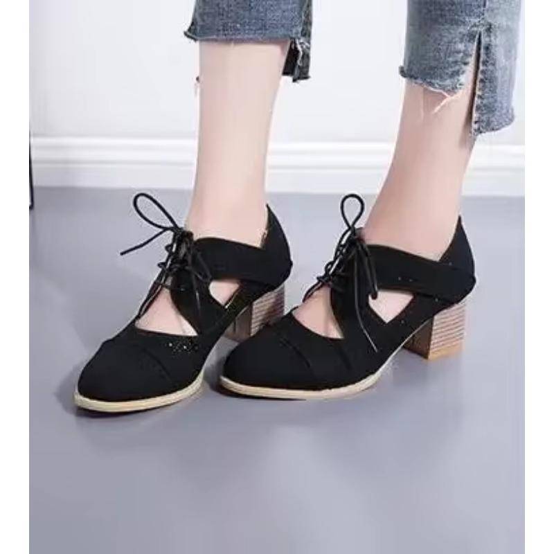 Retro Kreuz gebunden Hohl Atmungsaktiv Dicken High Heel Sandalen Roman Flock Flach Kurze Holz Ferse Oxford Schuhe Frau Sandalen 35 schwarz von Joom DACH