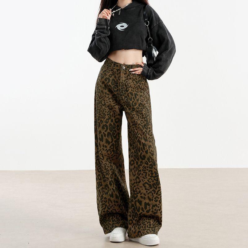 Retro Leopard Print Wide-Leg Jeans für Damen im Frühling und Herbst High Street Locker Gerade Hose Lässige Bodenlange Hose S von Joom DACH