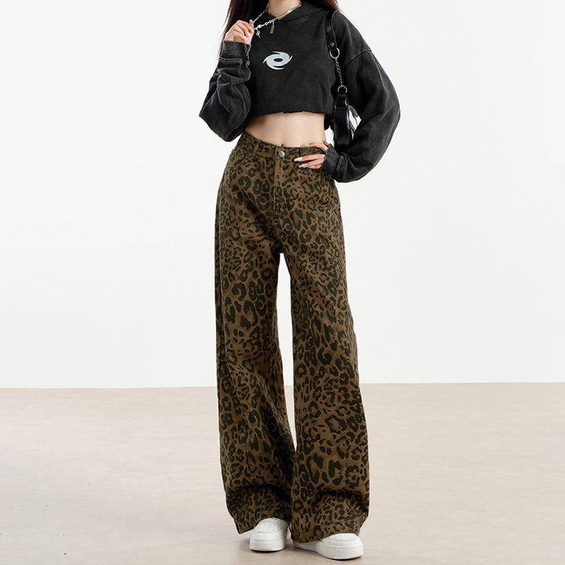 Retro Leopard Print Wide-Leg Jeans für Damen im Frühling und Herbst High Street Locker Gerade Hose Lässige Bodenlange Hose S von Joom DACH