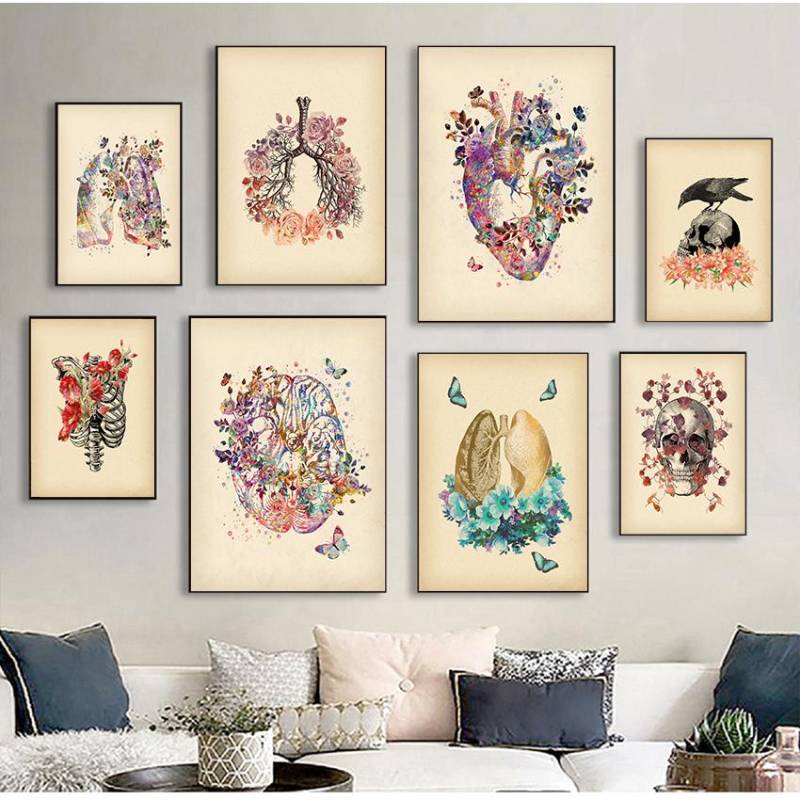 Retro Medizinische Bildung Bild Leinwand Malerei Menschliche Anatomie Muskel System Figur Poster Blumen Schädel Büro Dekor Cuadros 21x30cm No Frame von Joom DACH