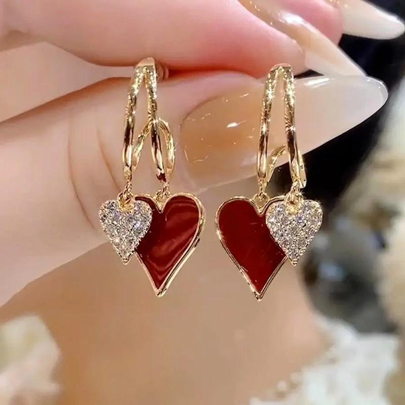 Retro Öltropfen Strass Doppelherzförmiger Anhänger Ohrstecker für Damen Mode Temperament Mädchen Schmuck rot von Joom DACH