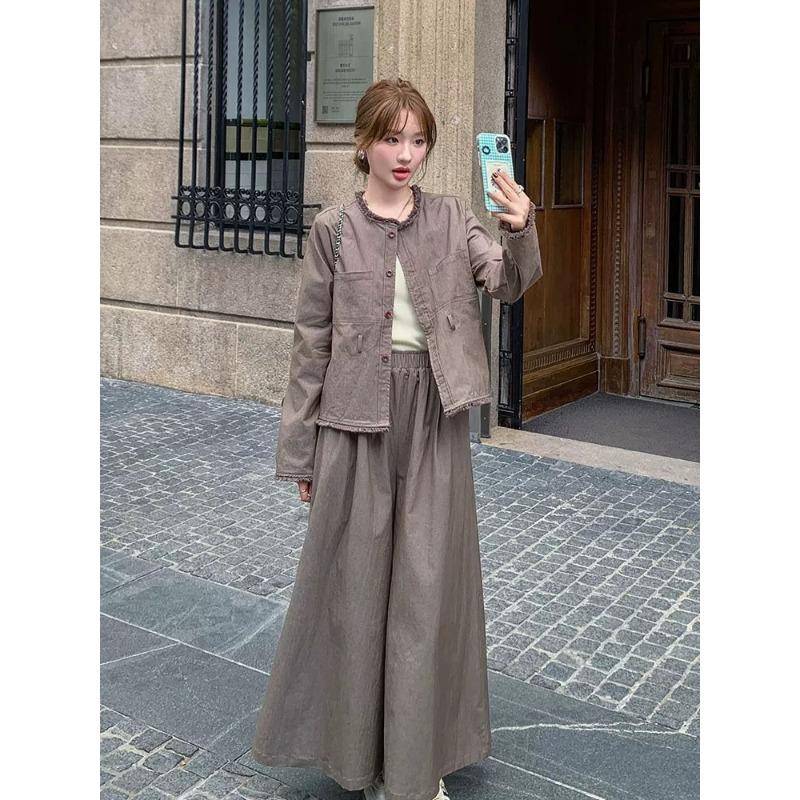 Retro-Oberteil mit Quaste, gerade Hose mit weitem Bein, zweiteiliges Set für Damen im Frühjahr und Herbst, neuer lässiger Rockanzug XL von Joom DACH