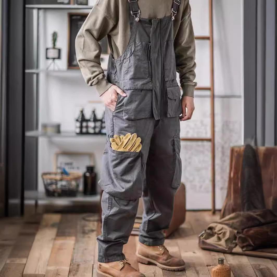Retro-Overall aus amerikanischer Baumwolle, Lätzchen, lockerer Waschoverall, Hosenträger für Herren, für vier Jahreszeiten, volle Länge, Baggy-Hose S grau von Joom DACH