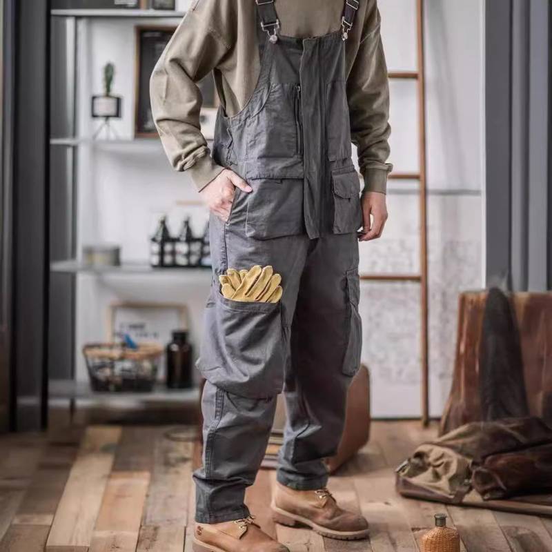 Retro-Overall aus amerikanischer Baumwolle, Lätzchen, lockerer Waschoverall, Hosenträger für Herren, für vier Jahreszeiten, volle Länge, Baggy-Hose S grau von Joom DACH