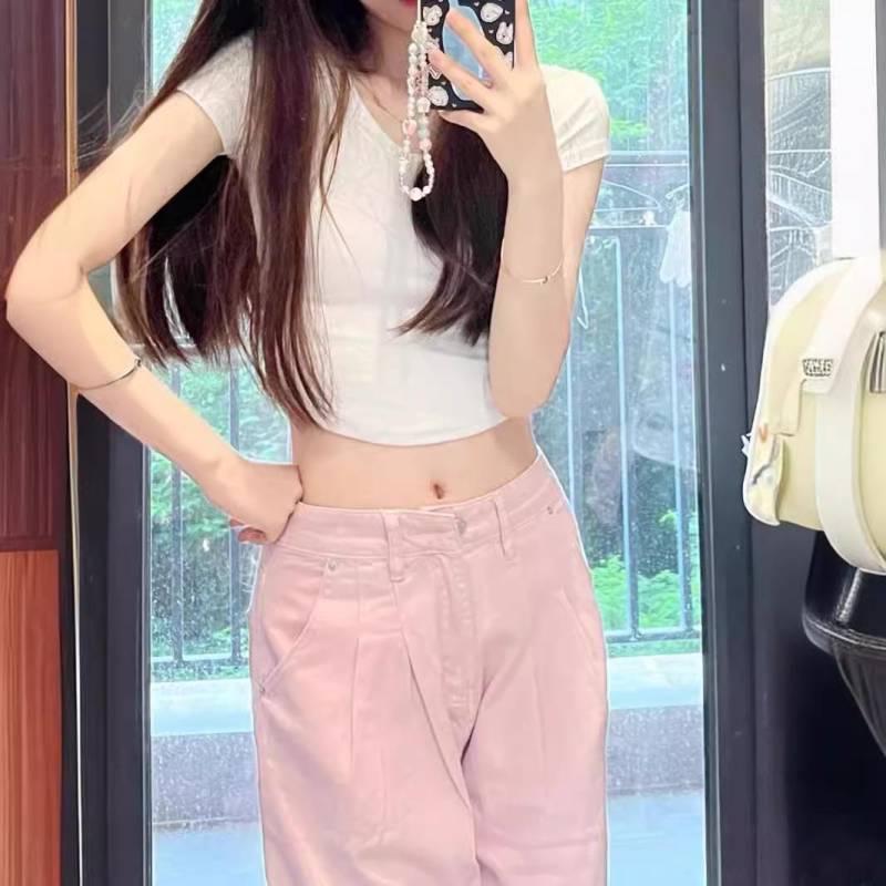 Retro Rosa Lockere Gerade Plissierte Jeans für Damen im Sommer Neuer Stil Schlank und Drapierend Bodenweite Weitbeinige Hose S rosa von Joom DACH