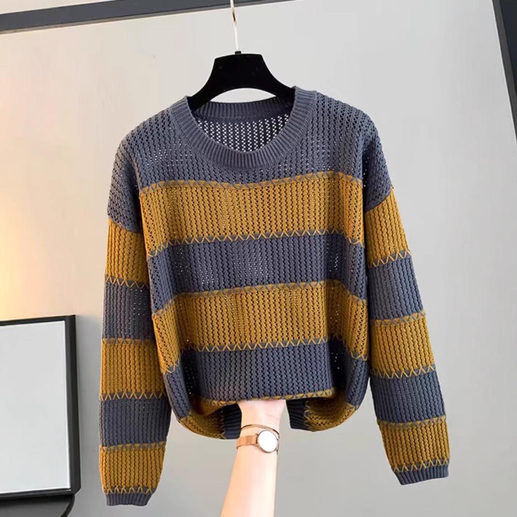 Retro Rundhals Langarmpullover für Damen Modischer Pendlerstil Kontrastfarbige Streifen Lockerer Pullover Durchbrochener Strickpullover 2XL graue von Joom DACH