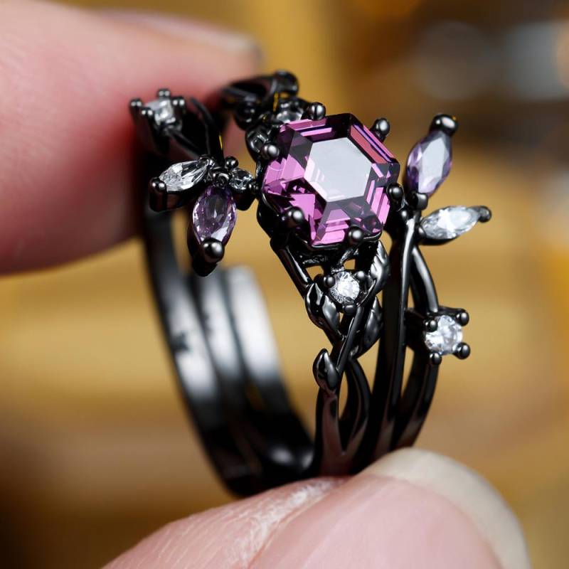 Retro Schwarzes Ring-Set für Damen Lila Sechseckiger Zirkon Fingerring Eheringe Verlobungsschmuck Geschenk 10 violett von Joom DACH