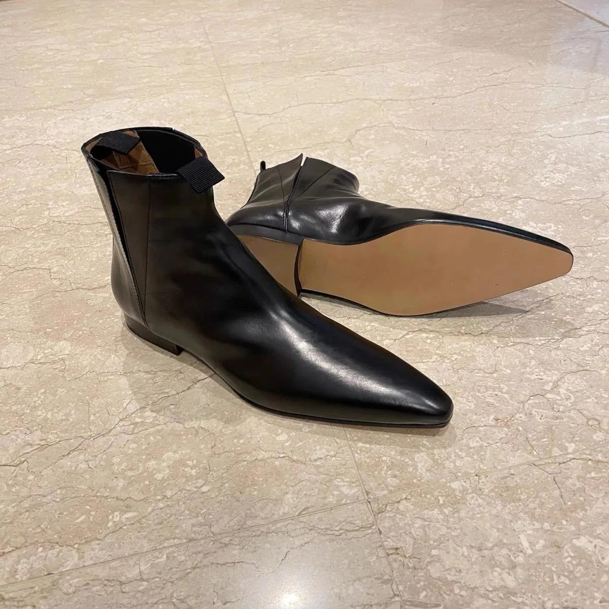 Retro Stiefeletten Damen Herbst/Winter Echtes Leder Spitz Chelsea Boots Damen Flache Barfußschuhe für Damen Dünne Schuhe Damen 35 schwarz von Joom DACH