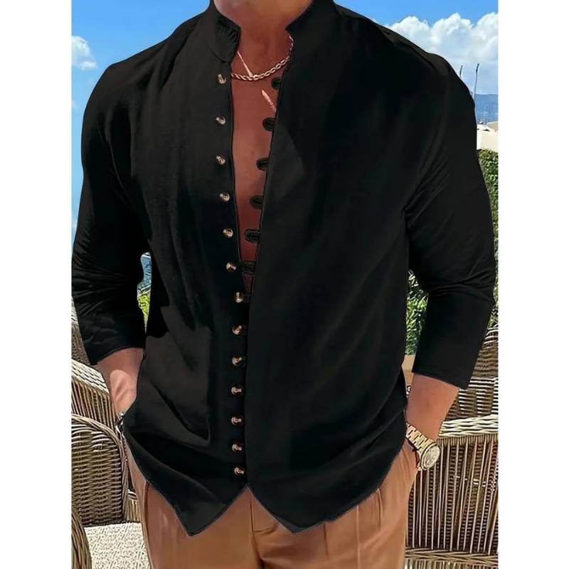 Retro-Stil Übergröße Einfarbig Herren Baumwolle und Leinen Langarm Button-Down-Hemd mit Stehkragen Frühling Herbst Outdoor M schwarz von Joom DACH
