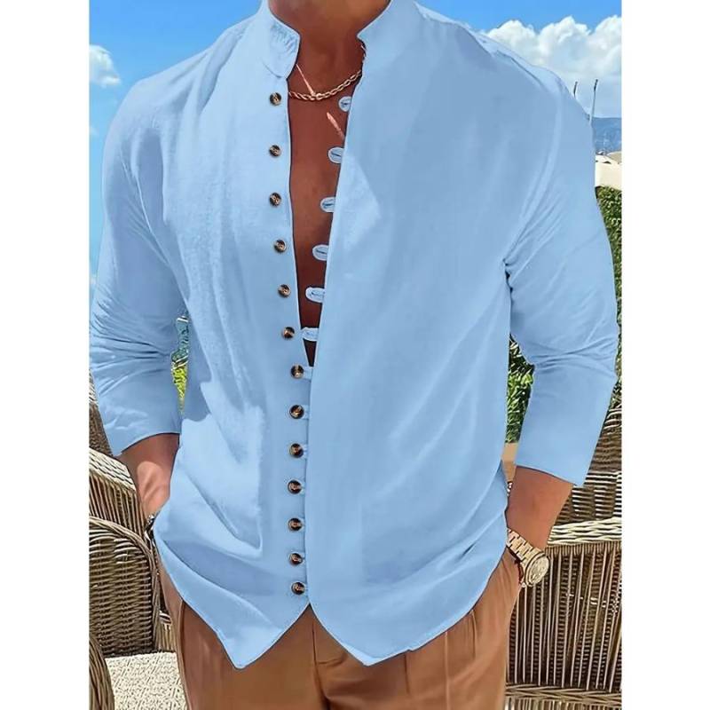 Retro-Stil Übergröße Einfarbig Herren Baumwolle und Leinen Langarm Button-Down-Hemd mit Stehkragen Frühling Herbst Outdoor M himmelblaue von Joom DACH