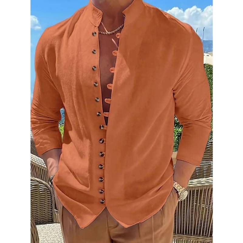 Retro-Stil Übergröße Einfarbig Herren Baumwolle und Leinen Langarm Button-Down-Hemd mit Stehkragen Frühling Herbst Outdoor M orange von Joom DACH