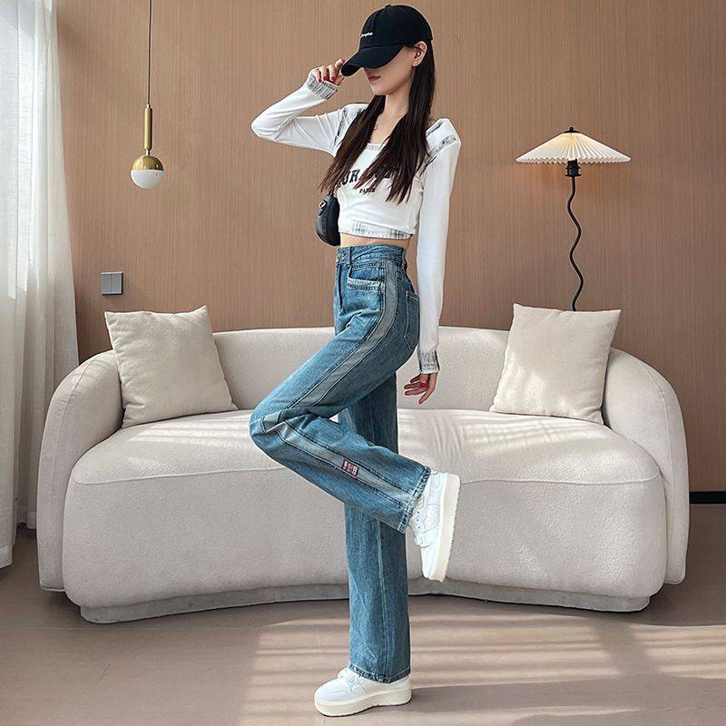 Retro Straight Wide-Leg Jeans für Damen, Locker und Schlank Herbst und Winter Neu Hohe Taille Kontrastfarbe Bodenlange Hose Plus Samt XXL von Joom DACH