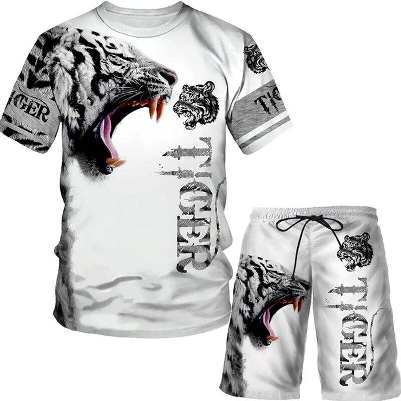 Retro Tiger Graphic Herren Kurzarm Shorts Set Sommer Casual Sportbekleidung 2-teiliges Set Lose O-Ausschnitt T-Shirt Pullover Kleidung XL von Joom DACH