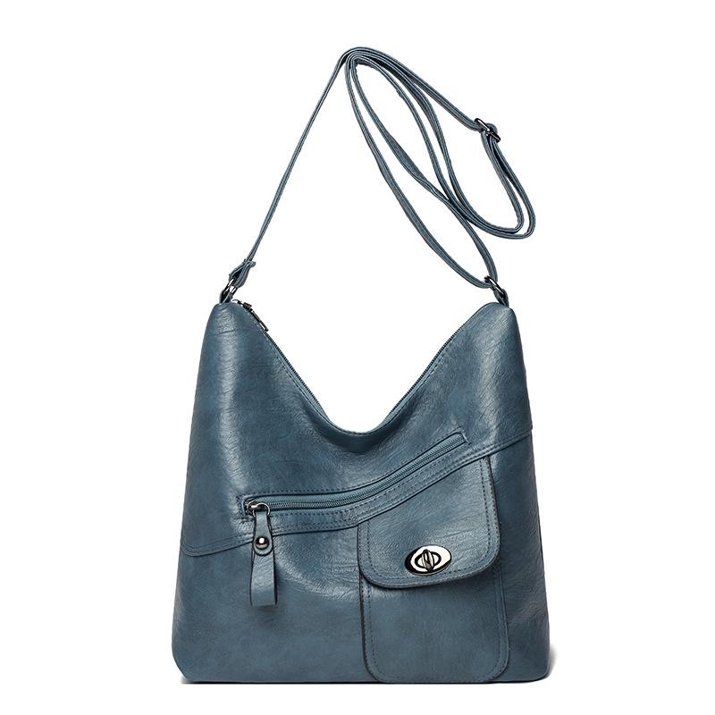 Retro Weiches Leder Damenhandtasche Trendige Einzel-Schultertasche Damenrucksack mit großer Kapazität blau von Joom DACH