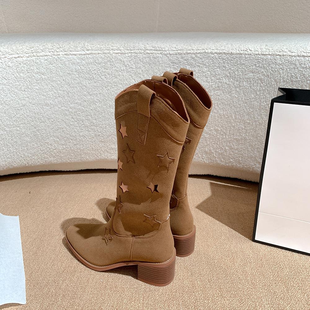 Retro Western Cowboy Boot Damen Frühling und Herbst Neue XINGX Stiefel Dicker Absatz Mittelstiefel Spitz Damen 40 von Joom DACH