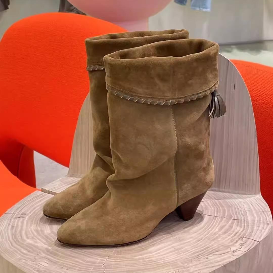 Retro Wildleder Lammfell Version gefaltet zwei Tragevarianten spitze Western Cowboy Stiefel Damen dicker Absatz mittelhoher Schaft Ritterstiefel Martin Stiefel 37 von Joom DACH