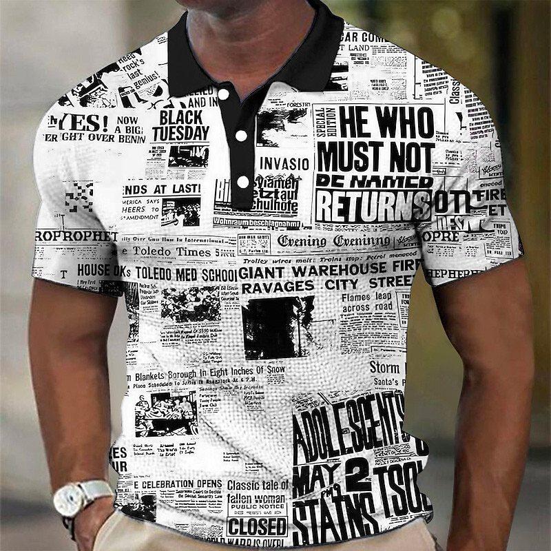 Retro Zeitungsmuster 3D Digitaldruck Herren Komfortables Poloshirt L von Joom DACH