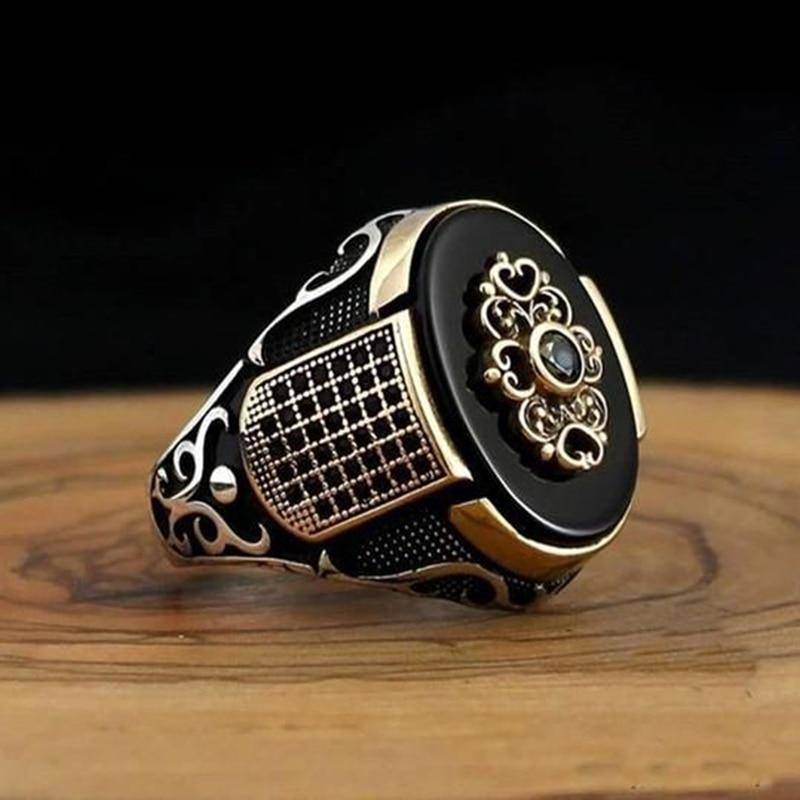Retro handgemachter türkischer Siegelring Vintage Herren Uraltes versilbertes Muster Ring Inlay Schwarz Zirkon Party Punk Motor Biker Ring 13 schwarz von Joom DACH
