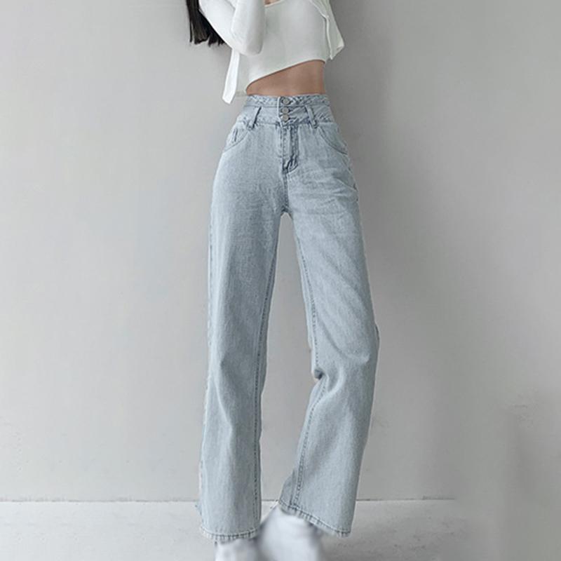 Retro hoch taillierte Breasted Jeans Damen New Style Drape Loose Straight Wide-Leg Hose Dünne Wischhose Hellblau M von Joom DACH