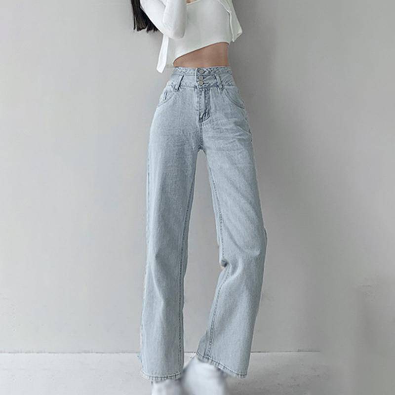 Retro hoch taillierte Breasted Jeans Damen New Style Drape Loose Straight Wide-Leg Hose Dünne Wischhose Hellblau M von Joom DACH