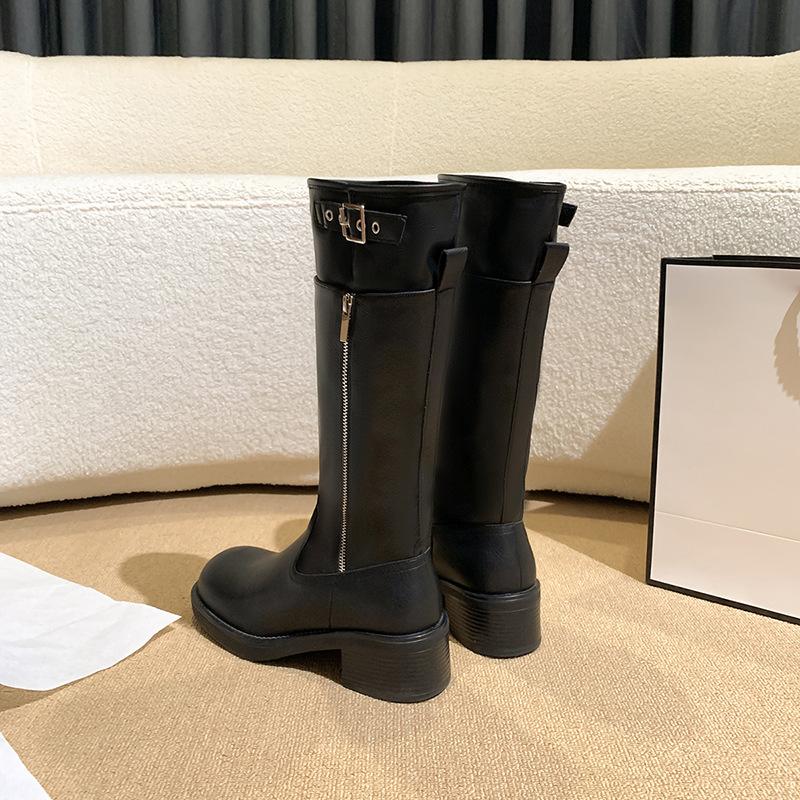 Retro unter dem Knie Hoher Schaft Stiefel Damen Gürtelschnalle 4 Jahre Neu Klobiger Absatz Lange Bikerstiefel Damen Höhenerhöhende Lange Stiefel Damen 43 schwarz von Joom DACH