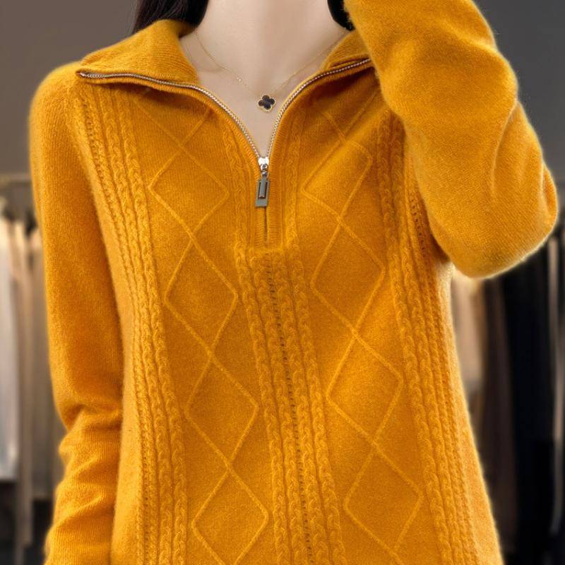 Revers-Cardigan für Damen im Herbst- und Winterstil, Zopfmuster, halber Reißverschluss, Kaschmirpullover, locker, vielseitig, warm, Unterhemd, Top XXL von Joom DACH