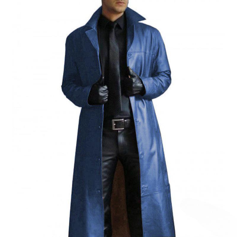 Revers Einfarbig Trenchcoat Stil Slim Leder Lang PU Lederjacke für Herren 5XL blau von Joom DACH