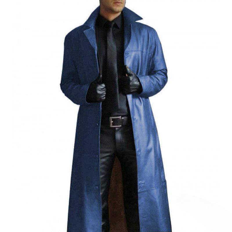 Revers Einfarbig Trenchcoat Stil Slim Leder Lang PU Lederjacke für Herren 5XL blau von Joom DACH