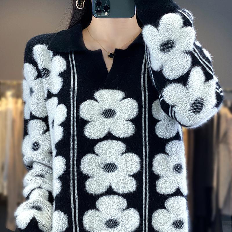 Revers Kontrastierender Verdickter Cardigan für Damen im Herbst und Winter Neuer Stil Blumen Jacquard Wollpullover Modisches und Vielseitiges Basic-Shirt XXL von Joom DACH