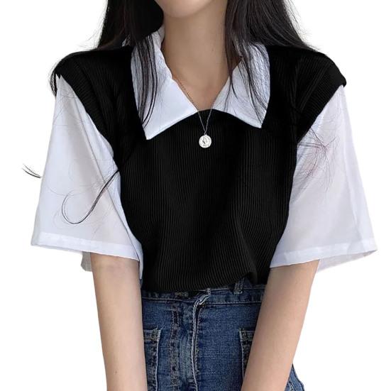 Revers Kurzarm Lose Fit Frauen Bluse Preppy Stil Gefälschte Zwei Stücke T Top Streetwear 2XL von Joom DACH